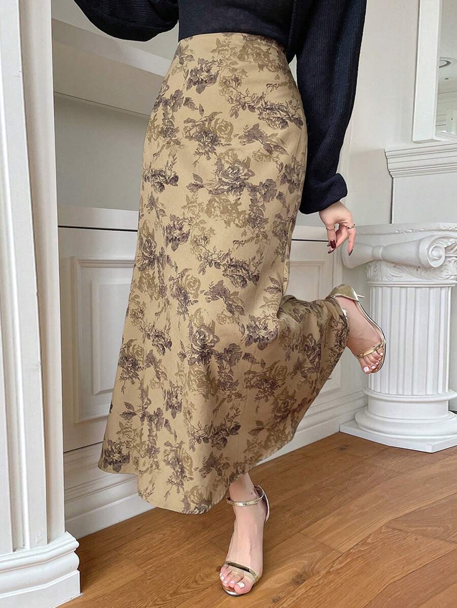 DAZY Damen Knielanges Rock mit Blumendruck für den Herbst