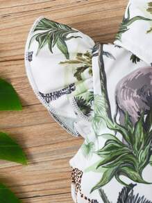 Baby Girl Stylish Vacation Style Turn Down Collar Animal & Plant Print Bodysuit With Belt, Vintage Simple Design For Spring And Summer - Multicolor - View 5