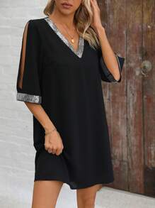 SHEIN LUNE Kim sa Vá lại Cổ chữ V Đầm - màu đen - Xem 6