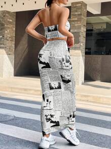 SHEIN EZwear Conjunto De Ropa De Punto Para Damas Estampado Con Periódico