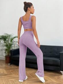SHEIN EZwear Của phụ nữ Dệt kim Sọc Hai Dây Và Quần Áo liền quần - Màu Lilac Tím - Xem 2