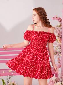 SHEIN Vestido casual de hombros descubiertos para niñas adolescentes con patrón de corazón en miniatura tejido y tirantes ligeramente ajustables - Rojo - Ver 7