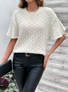 SHEIN Clasi Lolita Style Short Sleeve Round Neck Knitted Top With Hollow Out Detail - White - View 1