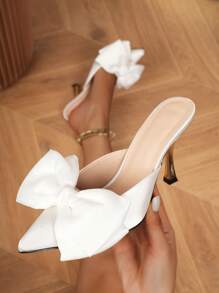 Women's Pointed Toe Bowknot Slipper Sandals With High Heels - White - View 1