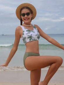 少女树形图案比基尼套装夏日海滩