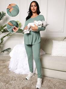 MaterniWear Conjunto De Enfermería De Pantalones Y Top De Manga Larga De Color Sólido De Maternidad