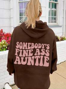 SHEIN EZwear 带标语印花保暖内衬抽绳连帽衫 - 咖啡棕 - 查看 1