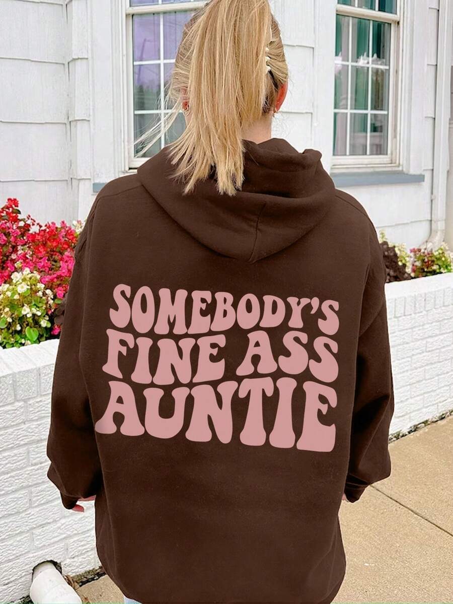 SHEIN EZwear 带标语印花保暖内衬抽绳连帽衫 - 咖啡棕 - 查看 1