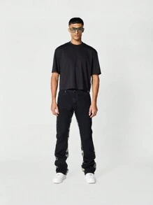 SUMWON Flare Fit Workwear Jean With All Over Print Panel - Black - View 3