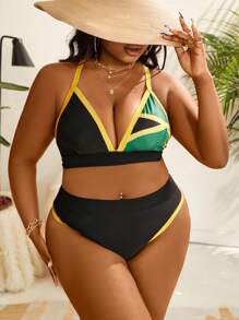 SHEIN Slayr CURVE Summer Beach Plus Size Women's Color Block Cross Back Bikini Set - Multicolor - View 5