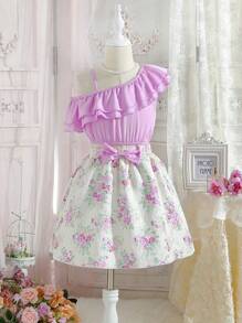 SHEIN Conjunto De Dos Piezas Con Falda Texturizada Y Top De Color Liso Para Niñas Pequeñas Para Primavera Y Verano