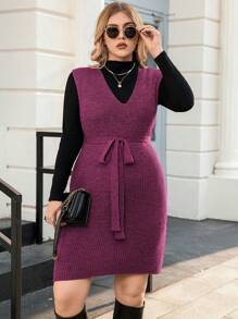 Calvaya Plus Size Women's Sweater Vest Dress With Belt - Purple - View 7