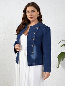SHEIN Privé Kích thước lớn Nút Đồ trang trí Áo khoác denim Với Mở Mặt trước - Rửa nhẹ - Xem 5