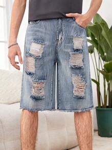Thiếu niên Con trai Retro Phong cách đường phố Nhăn Cắt , Rách , Denim mùa giặt , Lỏng lẻo & Thoải mái Quần short Denim - Rửa nhẹ - Xem 4