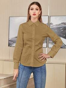 Mulvari Curved Hem Long Sleeve Shirt - Khaki - View 4