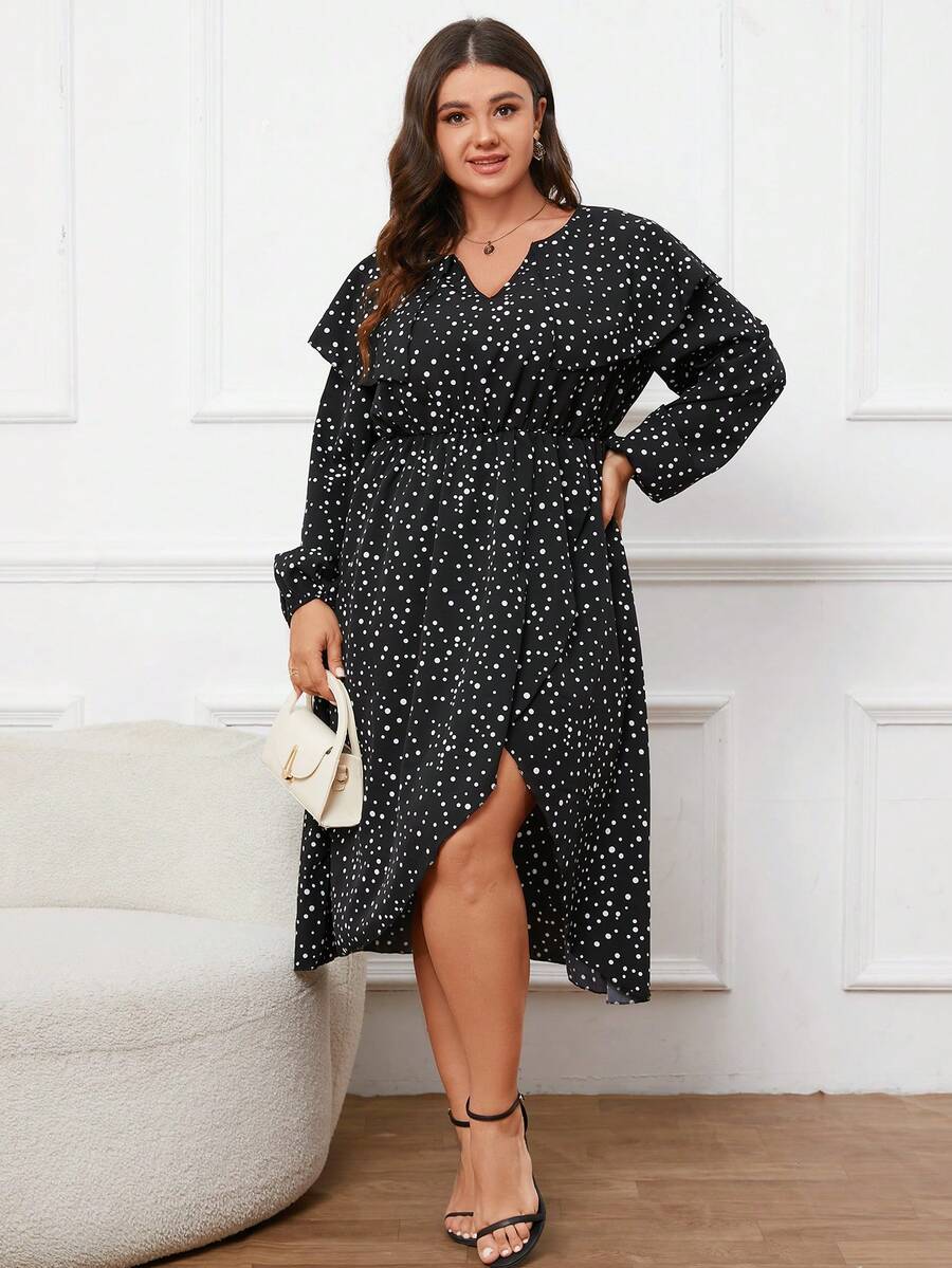 圓點印花大尺寸缺角領口連身裙 - 彩色 - 查看 1