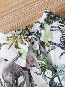 Baby Girl Stylish Vacation Style Turn Down Collar Animal & Plant Print Bodysuit With Belt, Vintage Simple Design For Spring And Summer - Multicolor - View 4