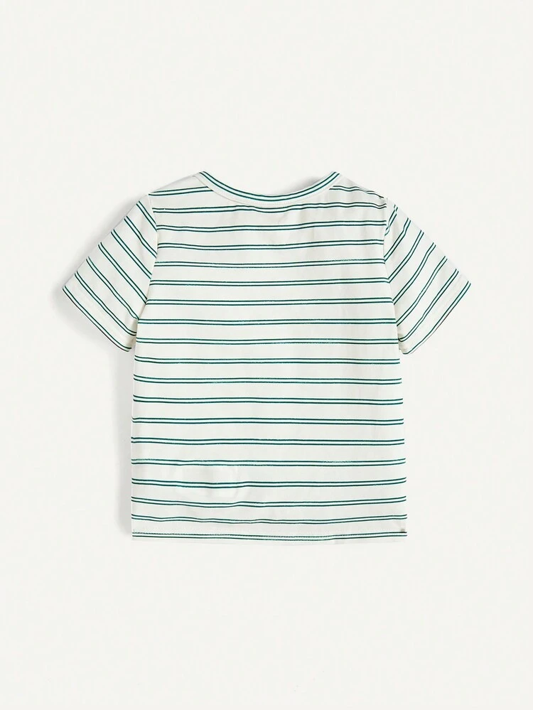 2pcs/Set Infant Boys' Car Print Striped Tee With Round Neck And Regular Sleeves