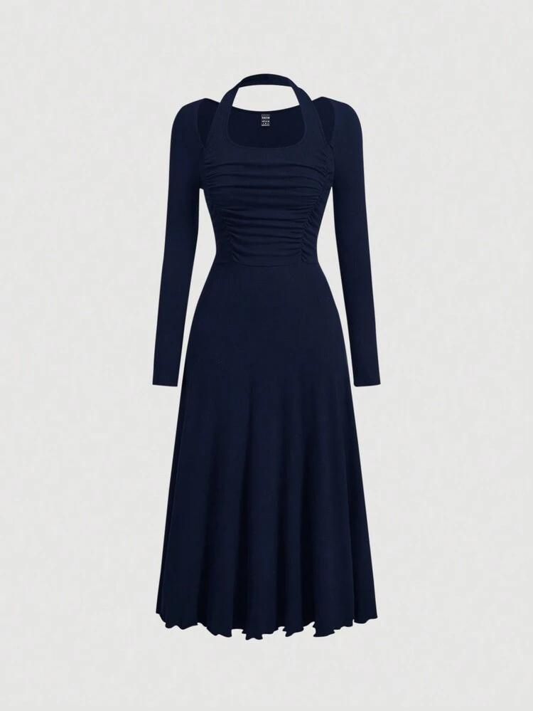 Women's Plain Color Pleated Halter Neck Dress