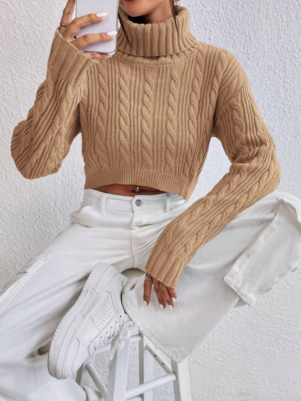 Women's Turtleneck Drop Shoulder Long Sleeve Sweater