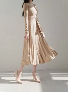 DAZY 女士實色綁帶款連身裙,腰部綁帶設計 - 卡其色 - 查看 4