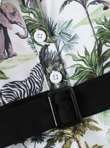 Baby Girl Stylish Vacation Style Turn Down Collar Animal & Plant Print Bodysuit With Belt, Vintage Simple Design For Spring And Summer - Multicolor - View 7