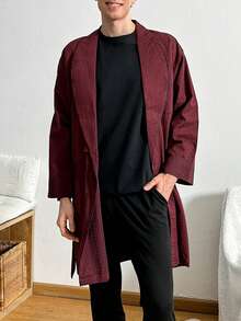 RueChic Bata De Manga Larga Con Cuello De Solapa Para Hombre - Burdeos - Ver 6