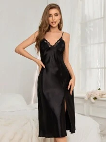 Vestido de pijama de camiseta con aplicaciones de encaje para mujer, vestido largo de pijama de lujo para vacaciones