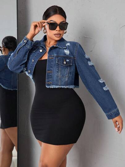 SHEIN SXY Chaqueta Corta De Mezclilla Para Mujer De Talla Grande Con Dobladillo Deshilachado