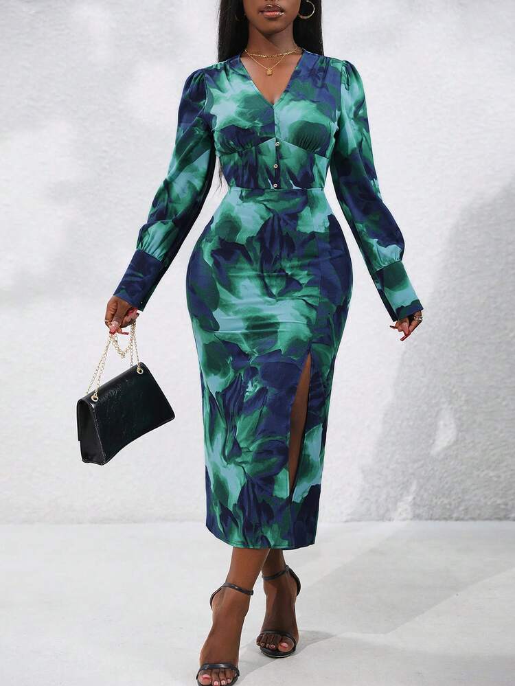 Random Print High Split Hem Dress Fall Cloth For Women