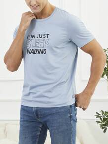 Men's Slogan Printed Homewear Top - Blue - View 7