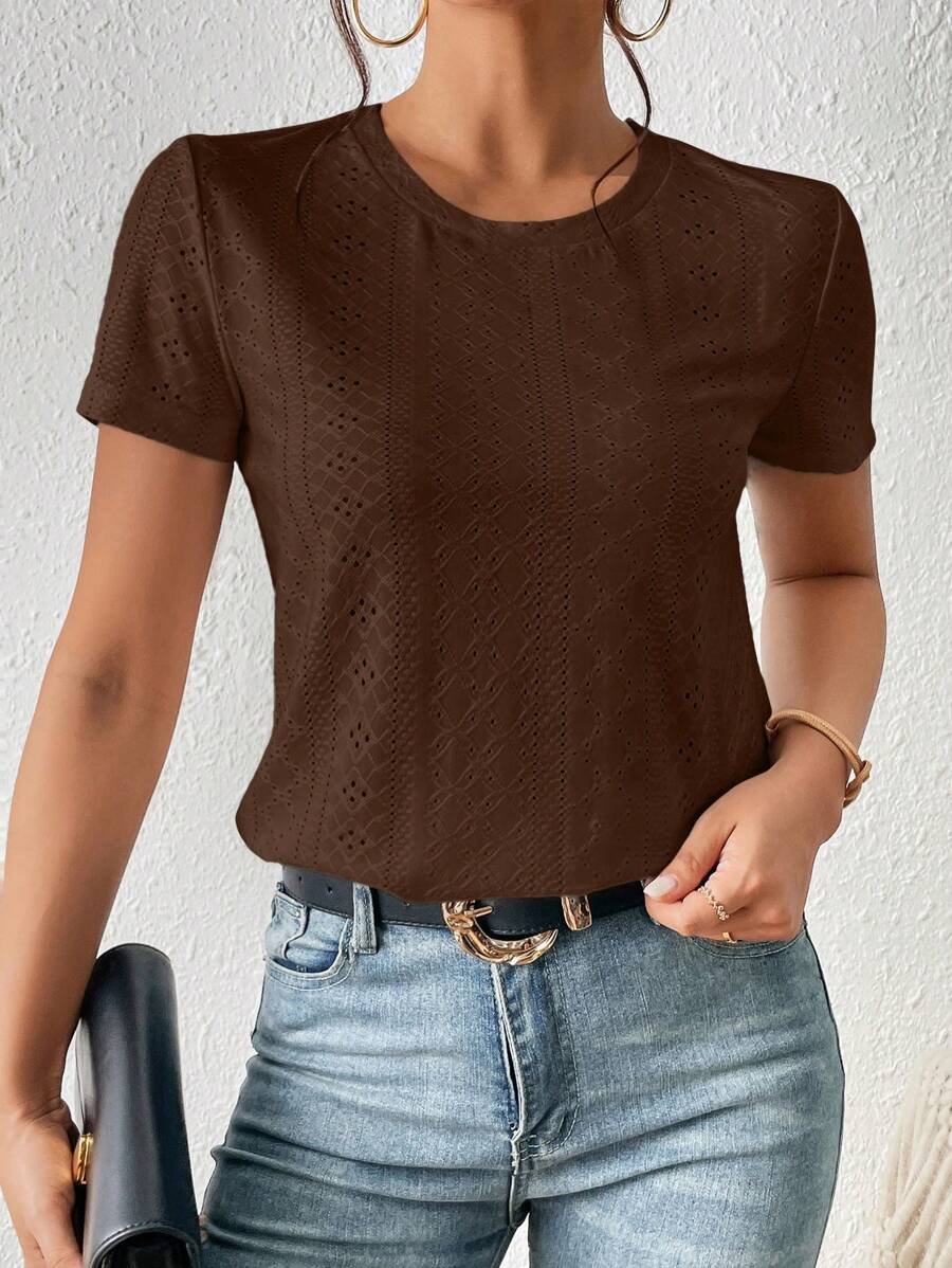 SHEIN Frenchy Solid Eyelet Embroidery Round Neck White Tee Commute Minimalist Office Old Money Simple Commute Minimalist Office Old Money Simple Summer Brown - Coffee Brown - View 1