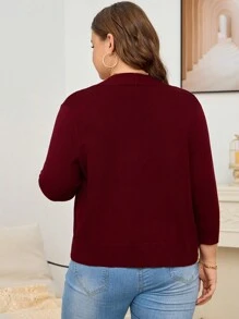 AAmilife Plus Size Solid Color 3/4 Sleeve Cardigan - Burgundy - View 2
