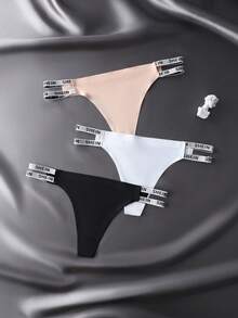 3入組女性字母印花肩帶丁字褲套組 - 彩色 - 查看 3