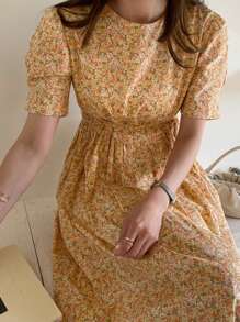 DAZY 女士短袖圆领碎花连衣裙田园风连衣裙吊带裙度假装 - 亮橙色 - 查看 9