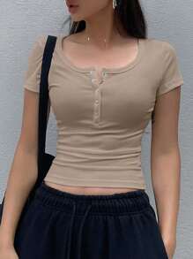 Dazy Star Button-Up Short Sleeve T-Shirt,Crop Tops Women