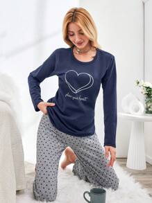 EURMUSE Heart & Slogan Graphic Tee & Pants Lounge Set - Black - View 3