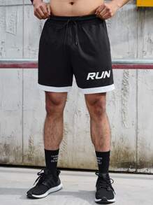 Gym Rark 男士抽绳腰带运动短裤，撞色字母图案慢跑短裤，黑色运动短裤 - 黑色 - 查看 3