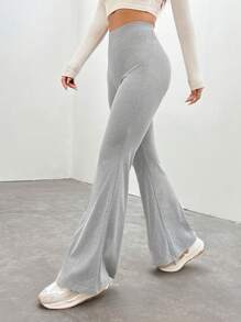 SHEIN EZwear Solid Color High-Waisted Flared Pants - Grey - View 4
