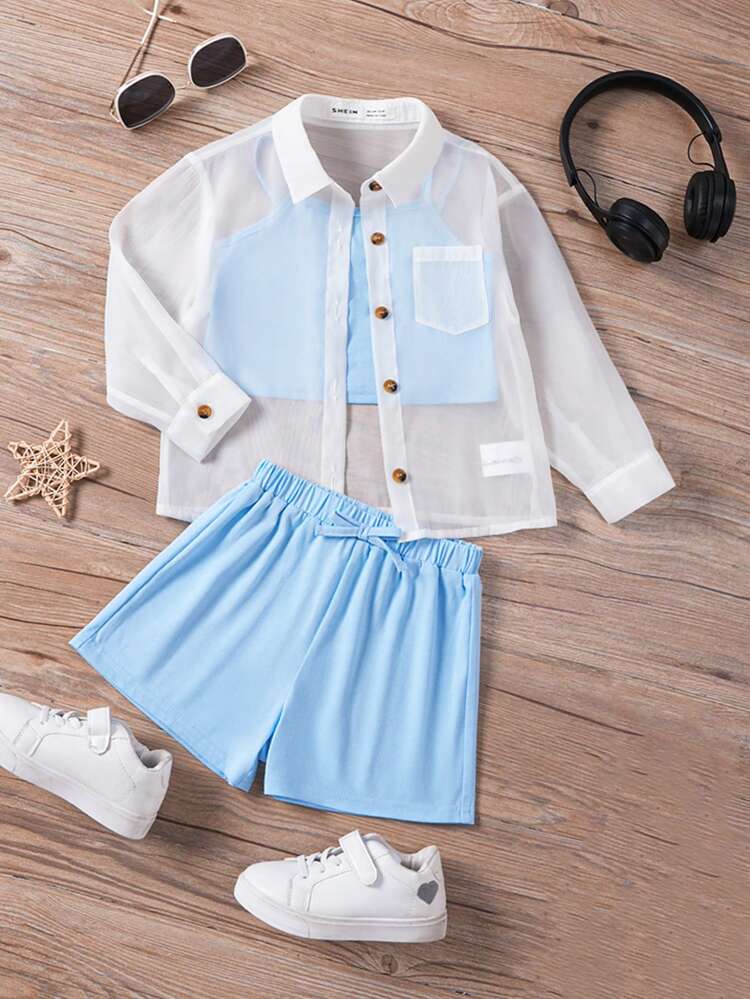 Toddler Girls' Knitted Solid Color Tank Top, Loose Shorts And Mesh Shirt 3pcs Set