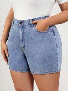 SHEIN Privé Plus High Waist Denim Shorts - Light Wash - View 4
