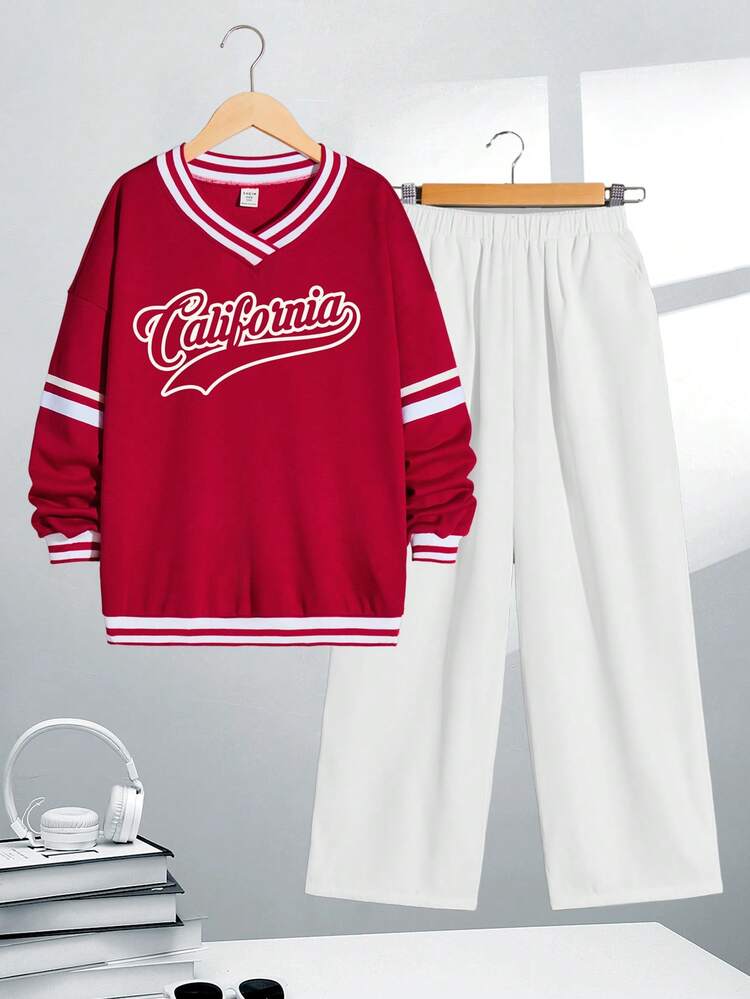 Boy'S Casual V-Neck Sweatshirt With Printed Letters And Straight Woven Trousers, 2-Piece Set