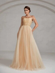 Chain Detail Mesh Prom Tube Gown Ball Gowns Woman Formal - Apricot - View 3