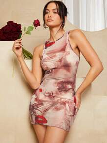 SHEIN BAE 女士蝴蝶印花透視無袖連衣裙 - 紅色 - 查看 1