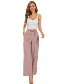 Women'S Drawstring Wide Leg Pants - Pink - View 5