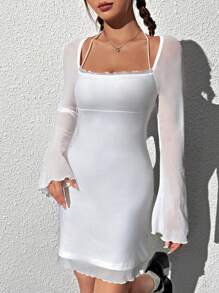 SHEIN EZwear 女士擴腳袖領口連身裙 - 白色 - 查看 1