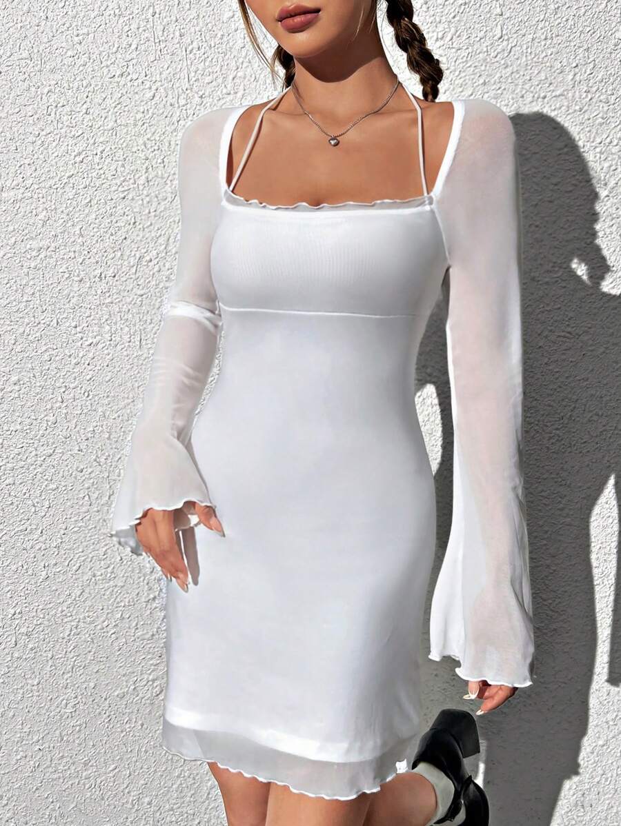 SHEIN EZwear 女士擴腳袖領口連身裙 - 白色 - 查看 1