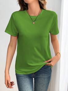 SHEIN EZwear Của phụ nữ Vòng cổ Ngắn tay Áo thun - màu xanh lá - Xem 5