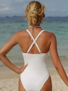 SHEIN Swim Summer Beach Solid Color Underwire One-Piece Swimsuit With Crossed Back Wedding - White - View 3