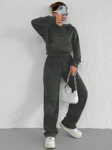 SHEIN Cottnline 女士實色連帽運動套裝,包括連帽衫和汗褲 - 軍綠色 - 查看 7